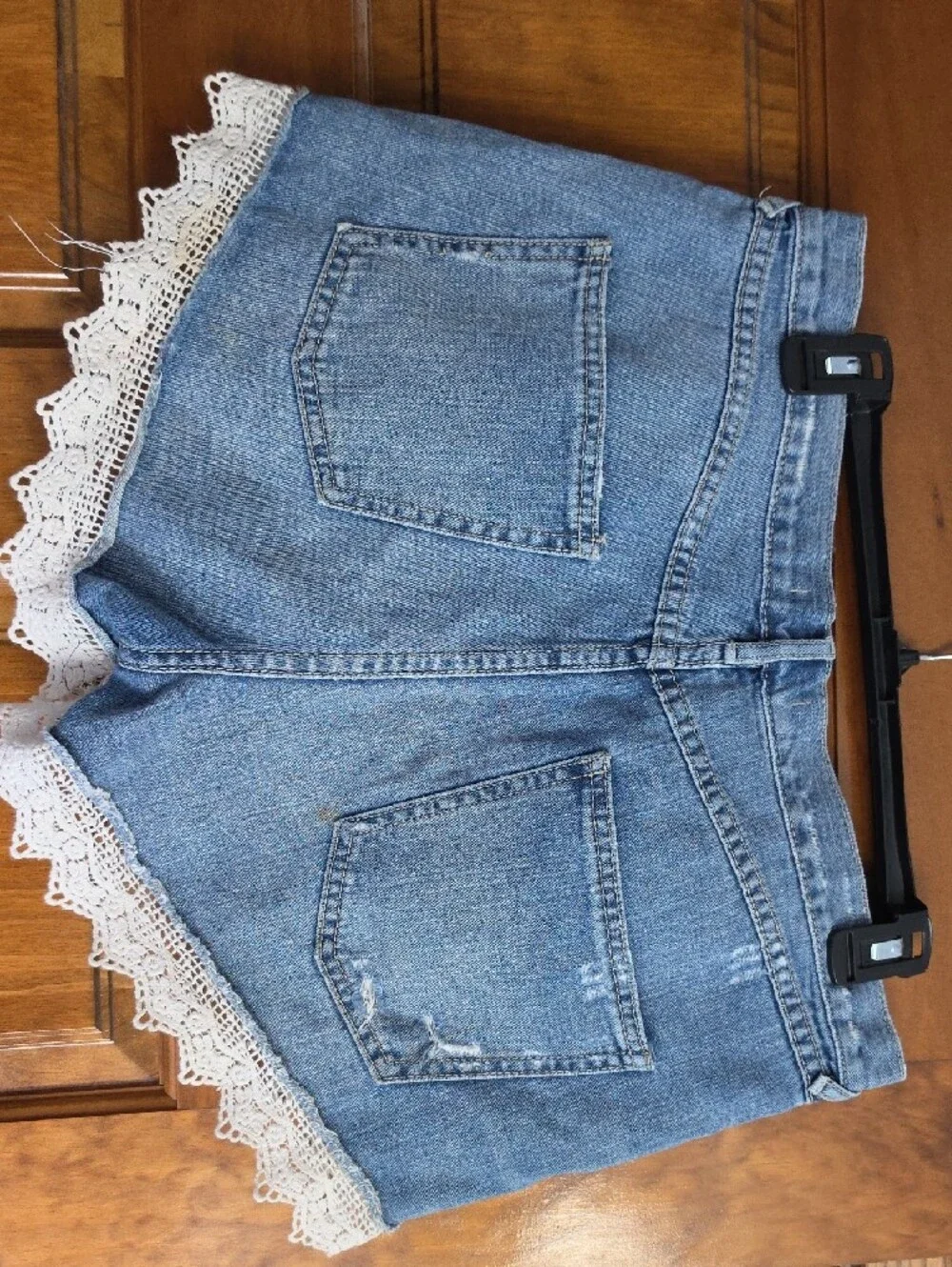 Free People Light Blue Denim Shorts with White Lace Trim